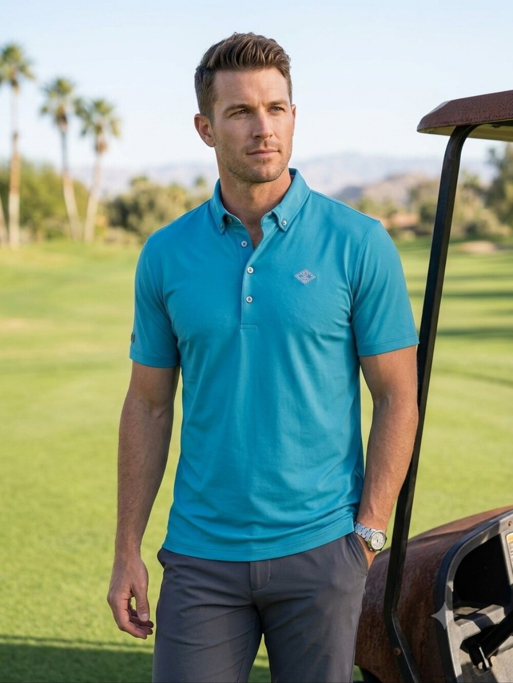 Greyson Men’s Polo in Aqua Blue with Button-Down Collar, Size XL
